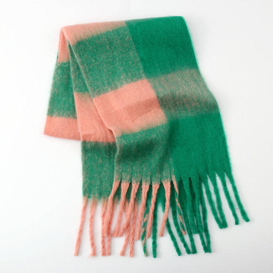 Fringe Contrast Plaid Polyester Scarf Green / One Size Apparel and Accessories