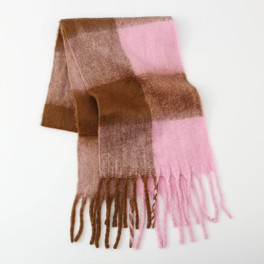 Fringe Contrast Plaid Polyester Scarf Pink / One Size Apparel and Accessories