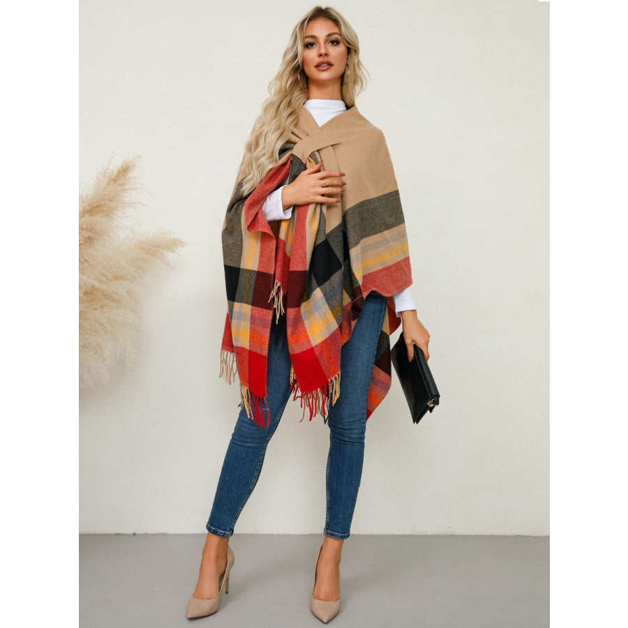 Fringe Contrast Plaid Poncho Apparel and Accessories