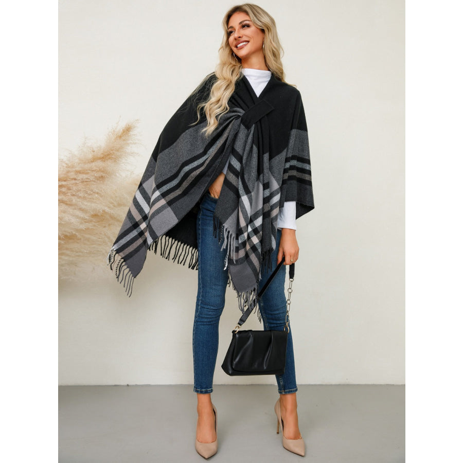 Fringe Contrast Plaid Poncho Apparel and Accessories