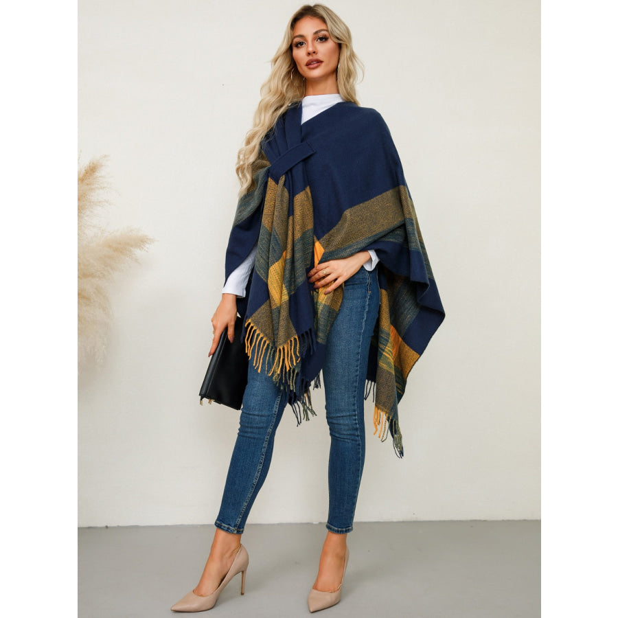 Fringe Contrast Plaid Poncho Apparel and Accessories