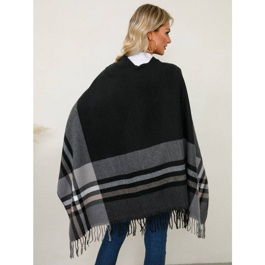 Fringe Contrast Plaid Poncho Apparel and Accessories