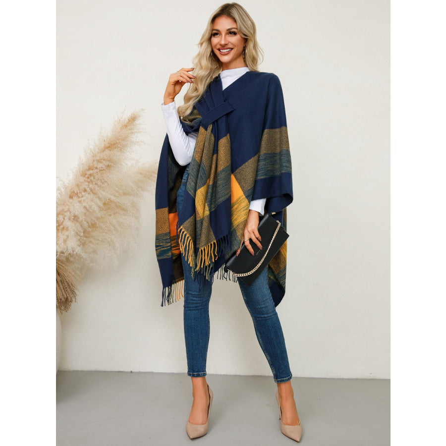 Fringe Contrast Plaid Poncho Apparel and Accessories