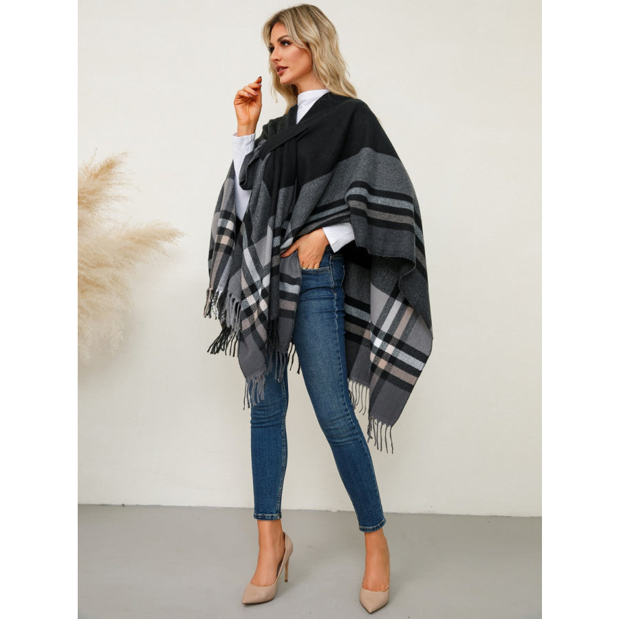 Fringe Contrast Plaid Poncho Apparel and Accessories