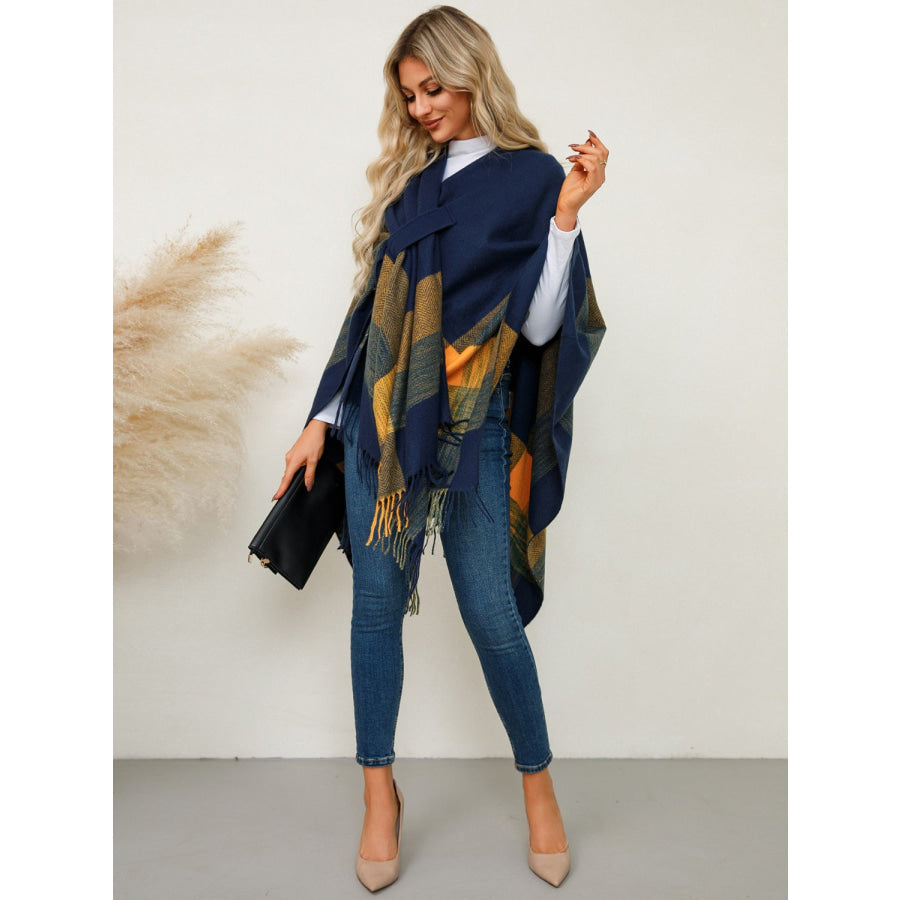 Fringe Contrast Plaid Poncho Apparel and Accessories