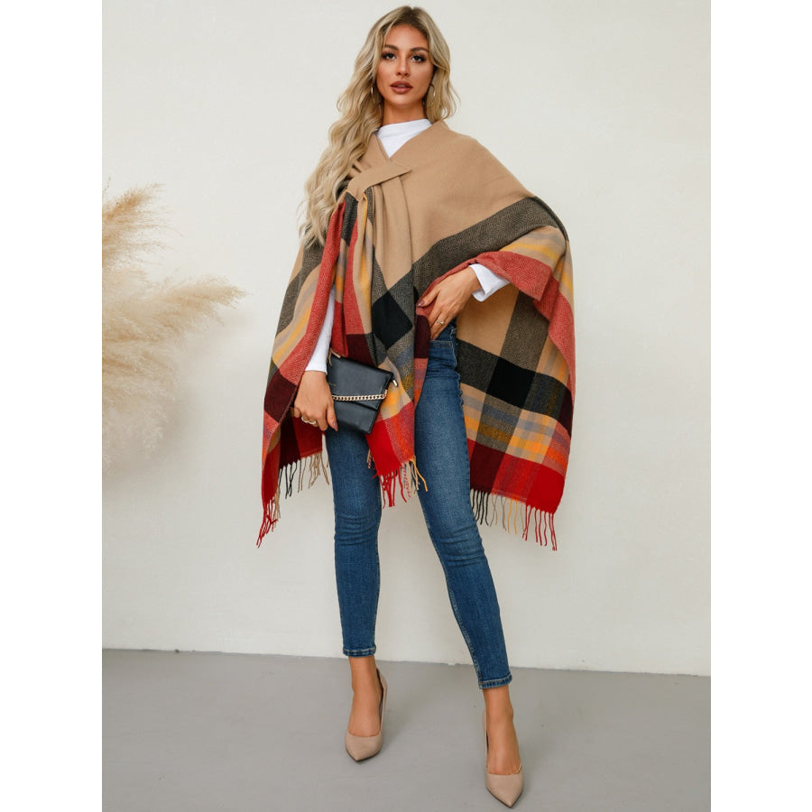 Fringe Contrast Plaid Poncho Apparel and Accessories