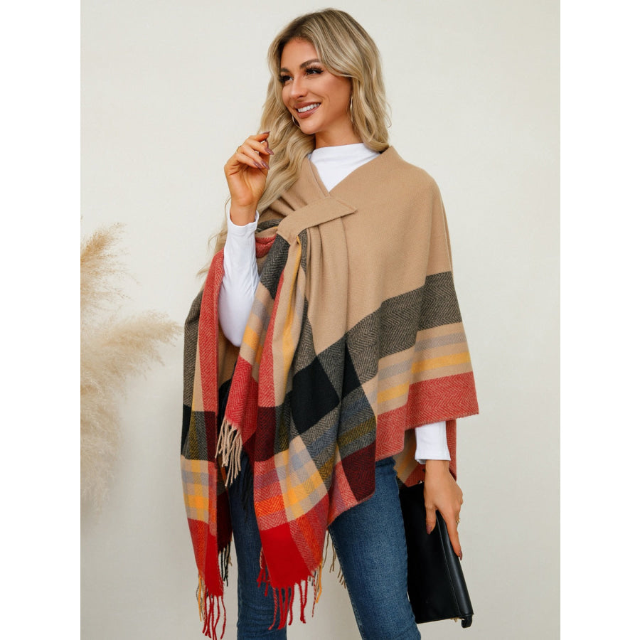 Fringe Contrast Plaid Poncho Apparel and Accessories