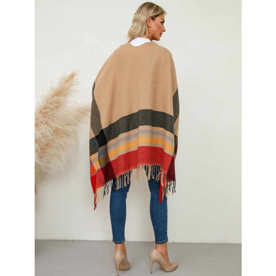 Fringe Contrast Plaid Poncho Apparel and Accessories