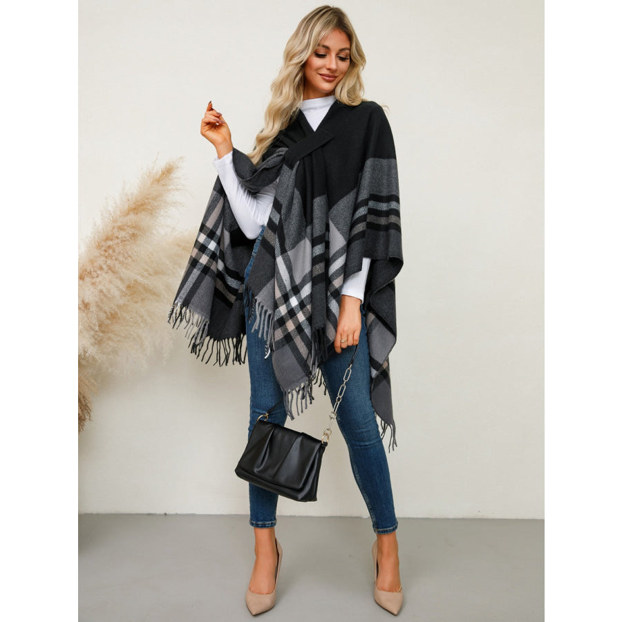 Fringe Contrast Plaid Poncho Apparel and Accessories