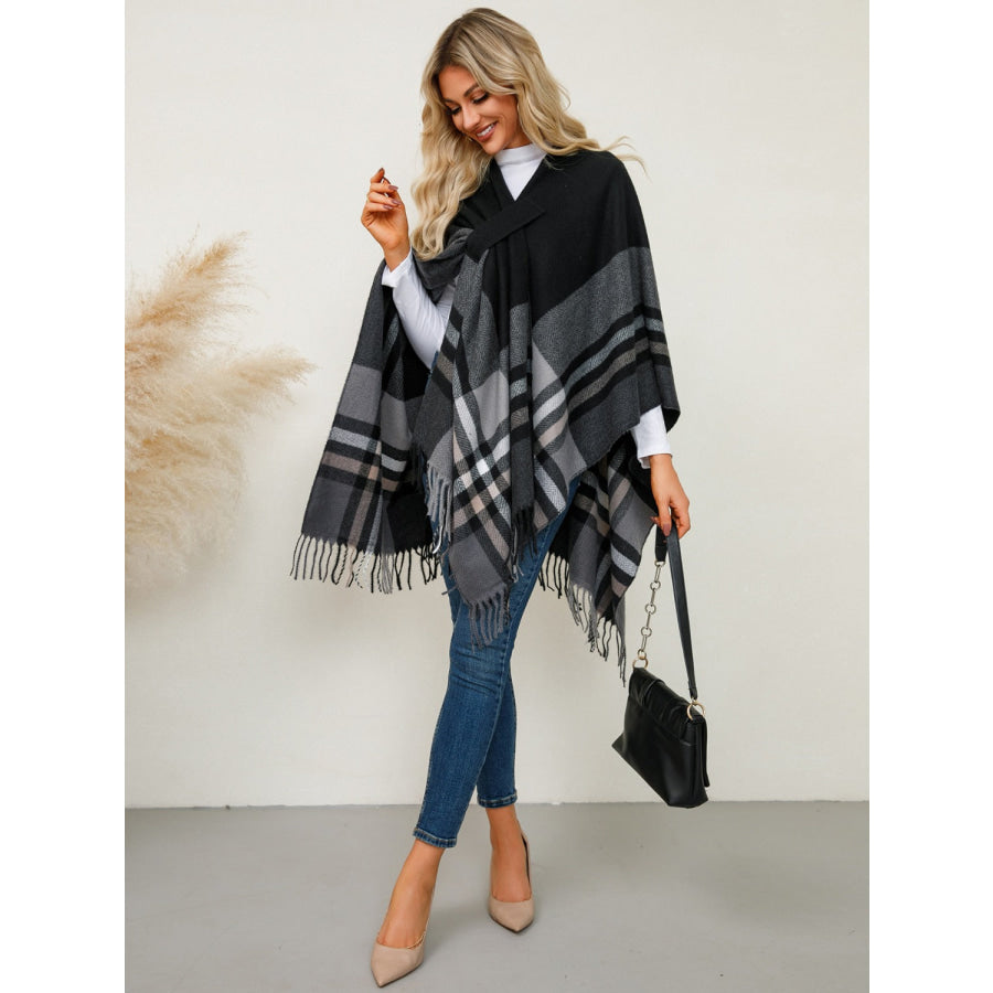 Fringe Contrast Plaid Poncho Apparel and Accessories