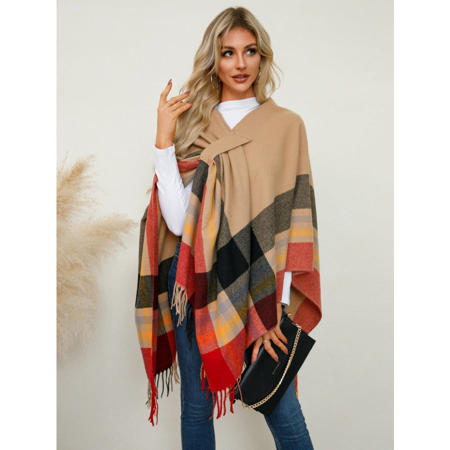 Fringe Contrast Plaid Poncho Apparel and Accessories