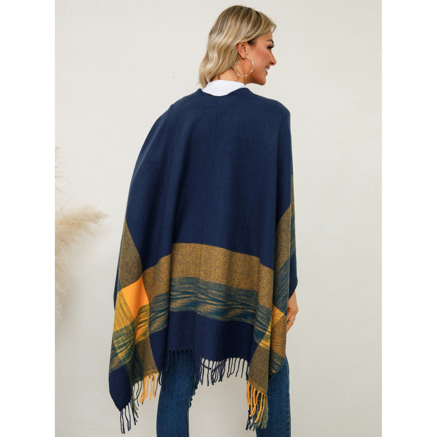 Fringe Contrast Plaid Poncho Apparel and Accessories