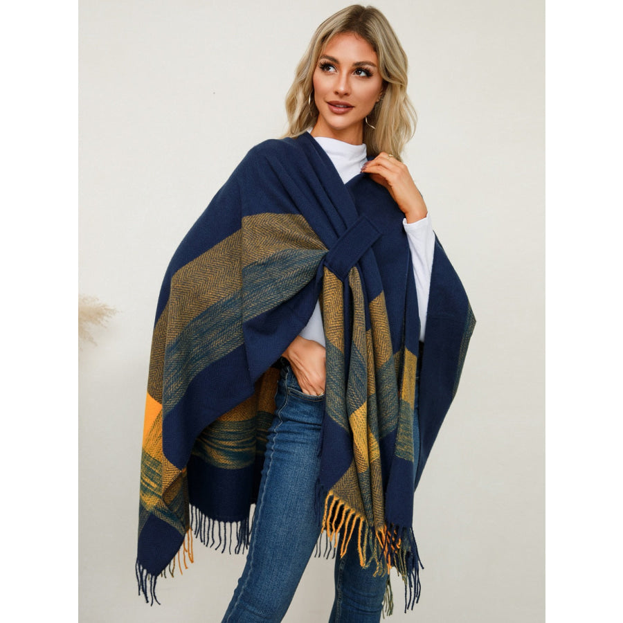 Fringe Contrast Plaid Poncho Navy / One Size Apparel and Accessories