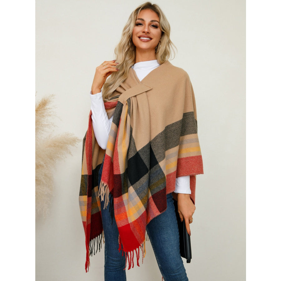 Fringe Contrast Plaid Poncho Sherbet / One Size Apparel and Accessories