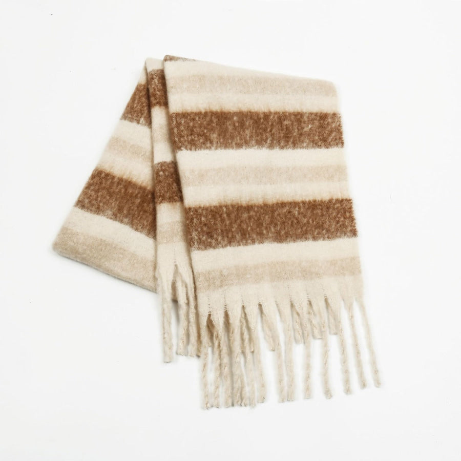 Fringe Contrast Striped Polyester Scarf Cream / One Size Apparel and Accessories