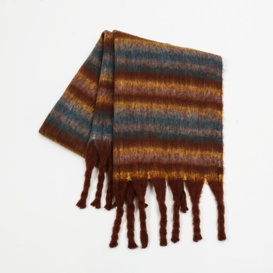 Fringe Contrast Striped Polyester Scarf Dark Brown / One Size Apparel and Accessories