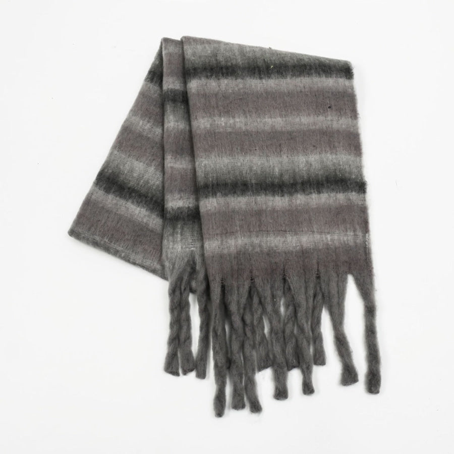 Fringe Contrast Striped Polyester Scarf Dark Gray / One Size Apparel and Accessories