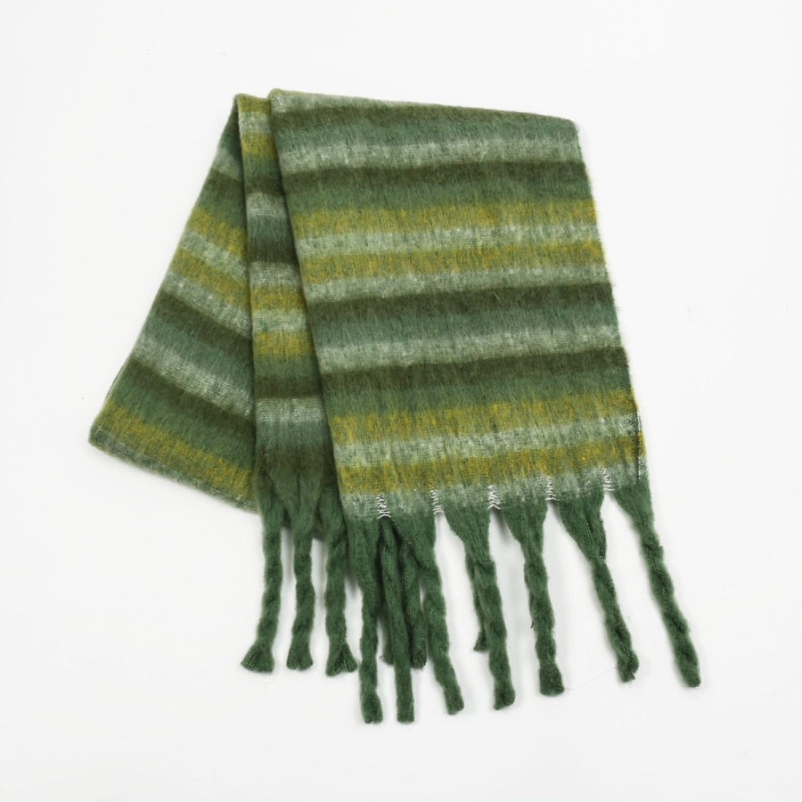 Fringe Contrast Striped Polyester Scarf Dark Green / One Size Apparel and Accessories