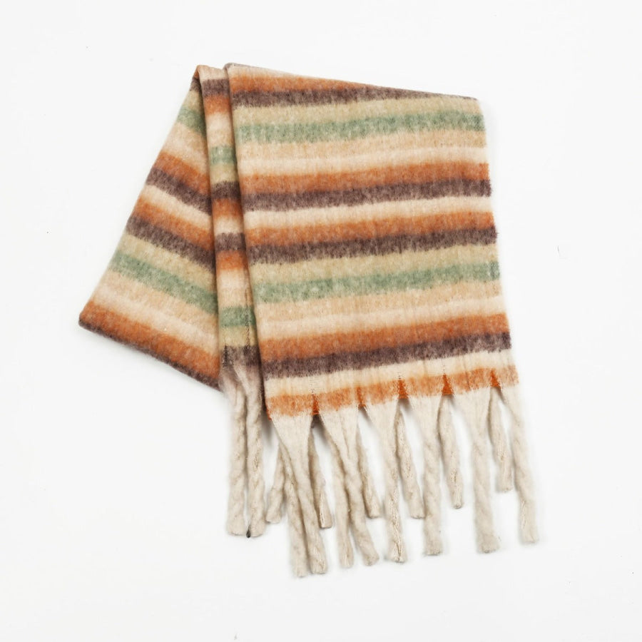 Fringe Contrast Striped Polyester Scarf Tan / One Size Apparel and Accessories