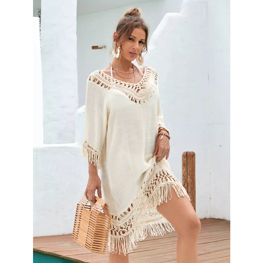 Fringe Crochet V-Neck Cover-Up Dress Apricot / One Size Apparel and Accessories