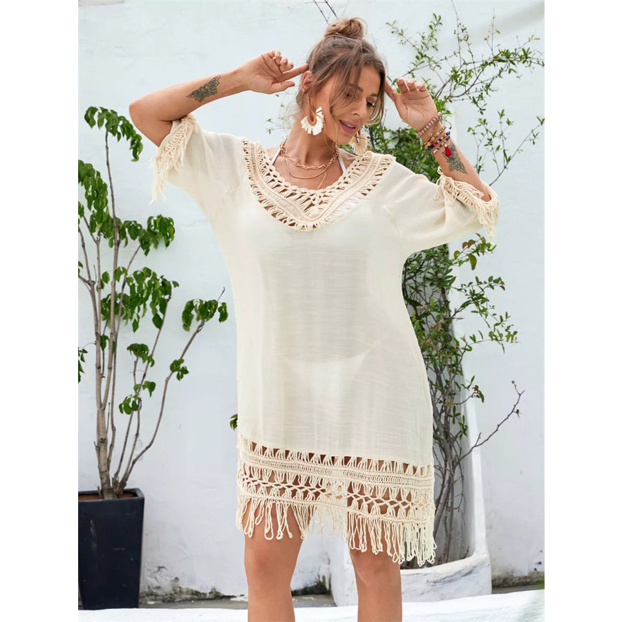Fringe Crochet V-Neck Cover-Up Dress Apricot / One Size Apparel and Accessories