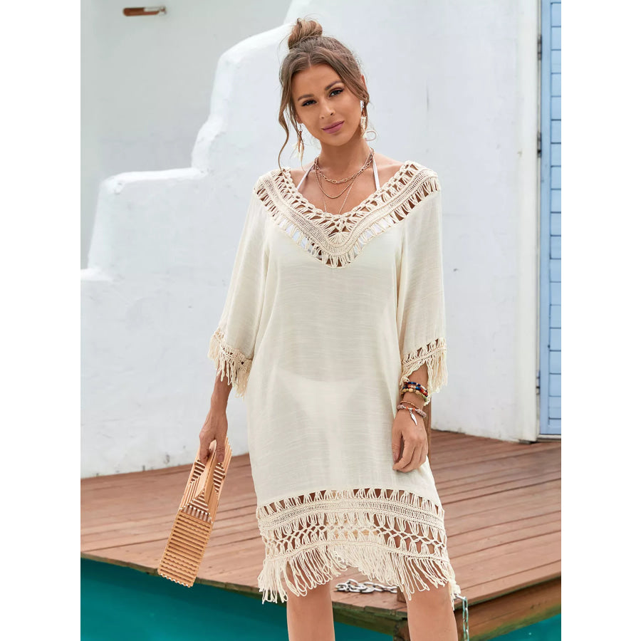 Fringe Crochet V-Neck Cover-Up Dress Apricot / One Size Apparel and Accessories