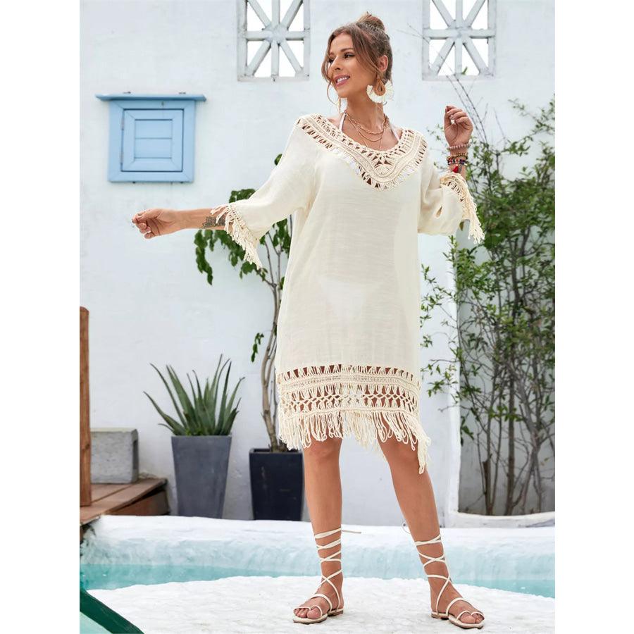 Fringe Crochet V-Neck Cover-Up Dress Apricot / One Size Apparel and Accessories
