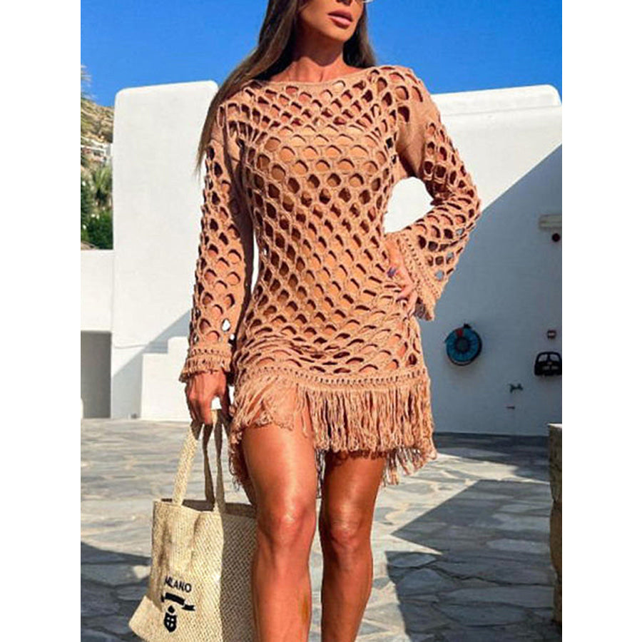 Fringe Cutout Long Sleeve Cover Up Caramel / S Apparel and Accessories
