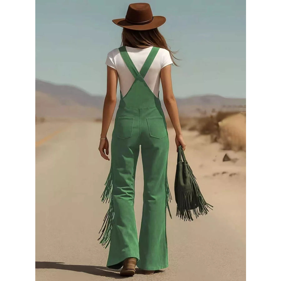 Fringe Detail Flare Leg Overalls Apparel and Accessories