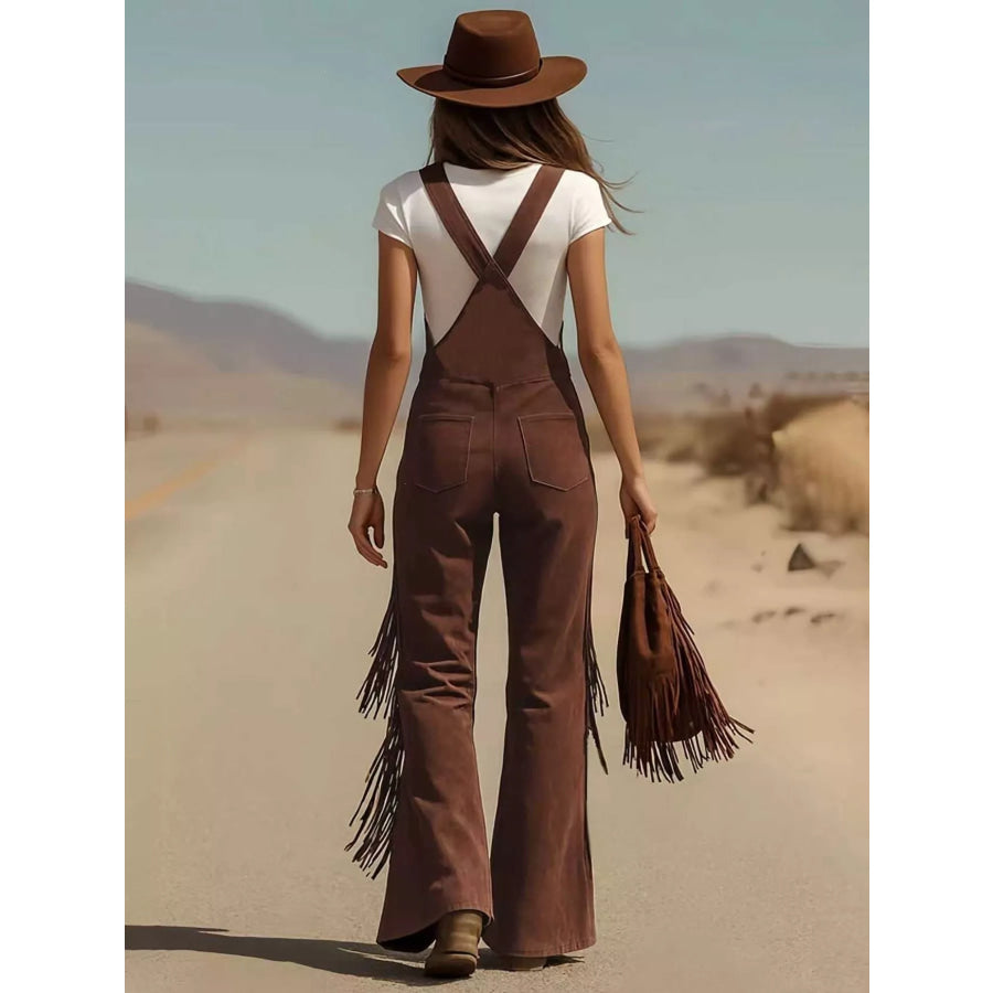 Fringe Detail Flare Leg Overalls Apparel and Accessories