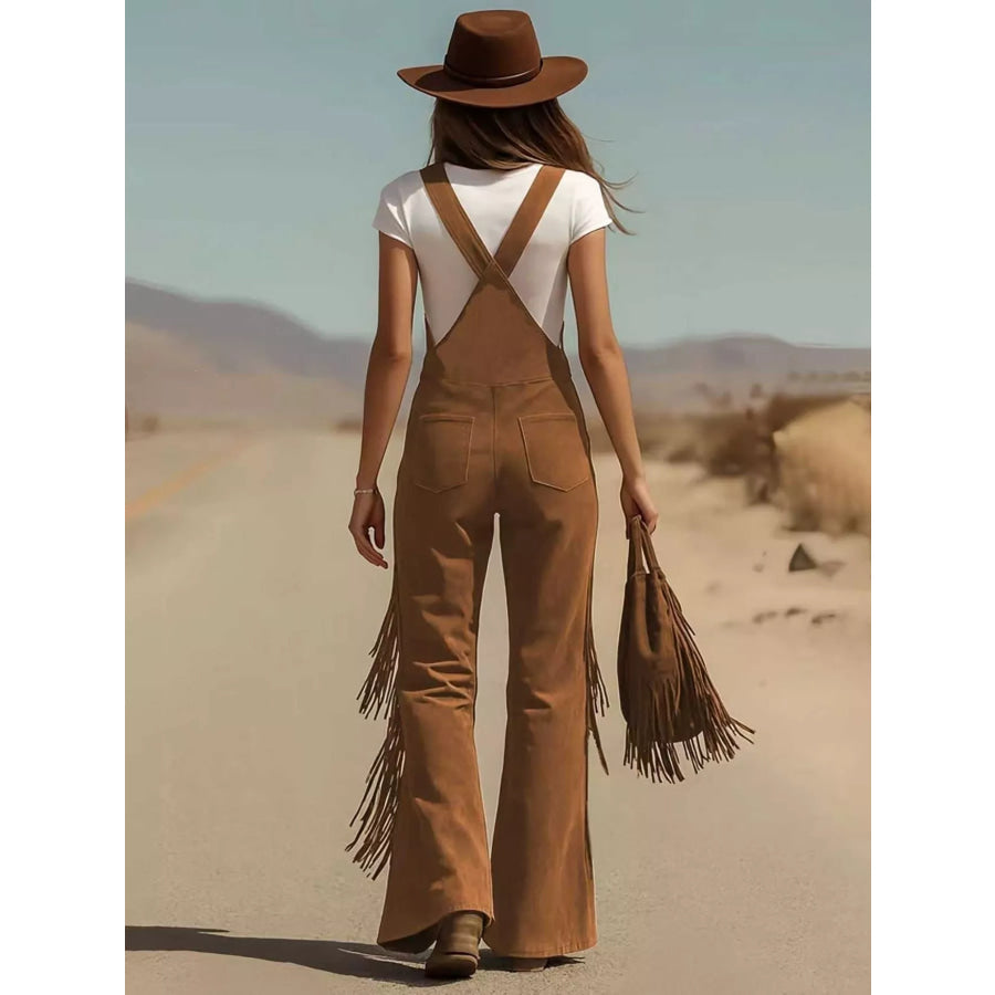 Fringe Detail Flare Leg Overalls Apparel and Accessories