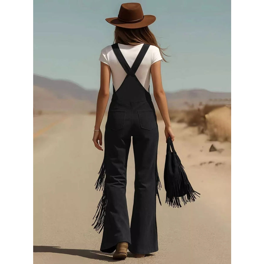 Fringe Detail Flare Leg Overalls Apparel and Accessories