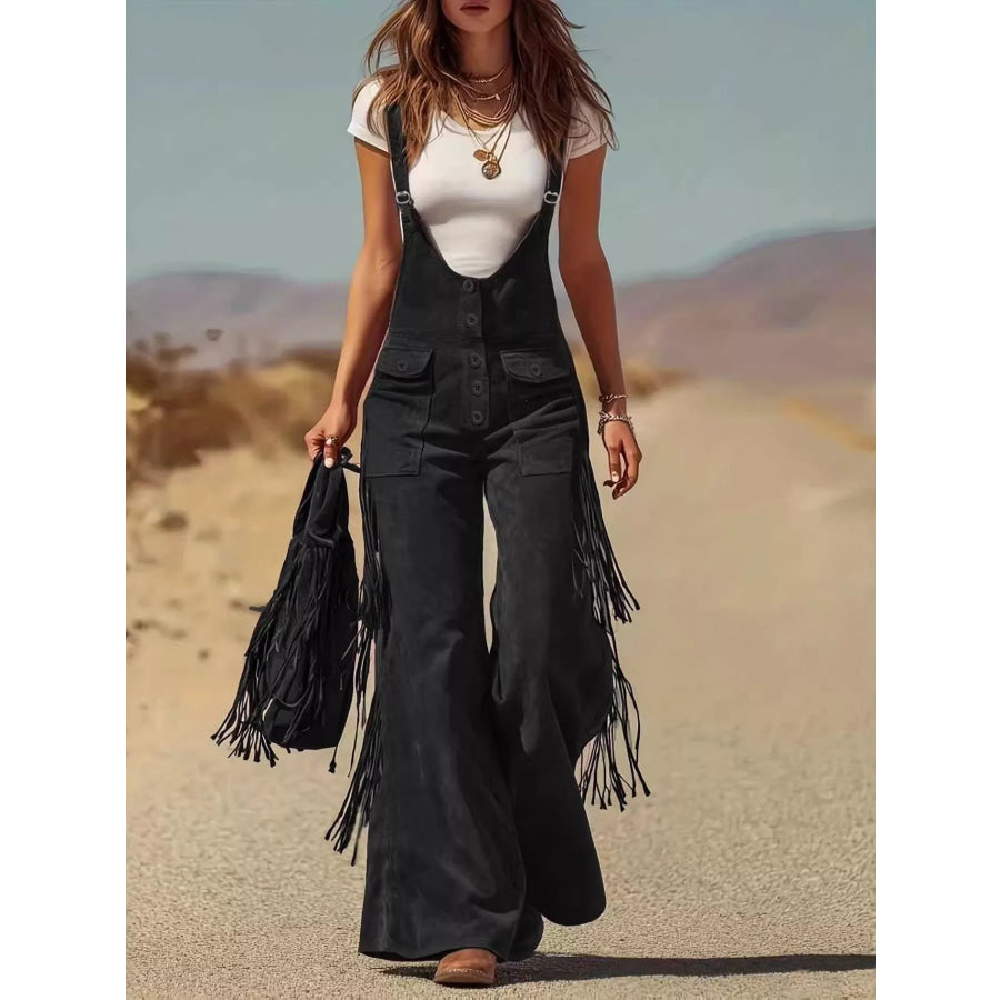 Fringe Detail Flare Leg Overalls Black / S Apparel and Accessories