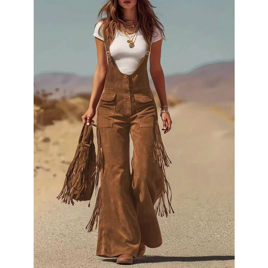 Fringe Detail Flare Leg Overalls Dark Brown / S Apparel and Accessories