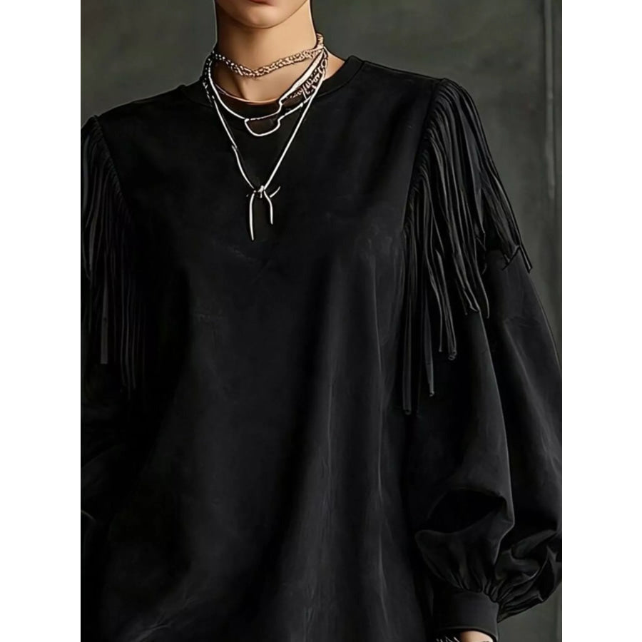 Fringe Detail Lantern Sleeve Mini Dress Black / S Apparel and Accessories