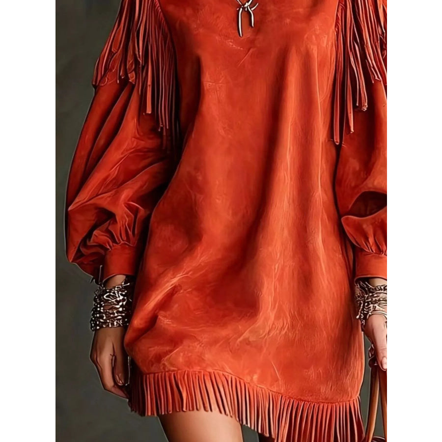 Fringe Detail Lantern Sleeve Mini Dress Apparel and Accessories