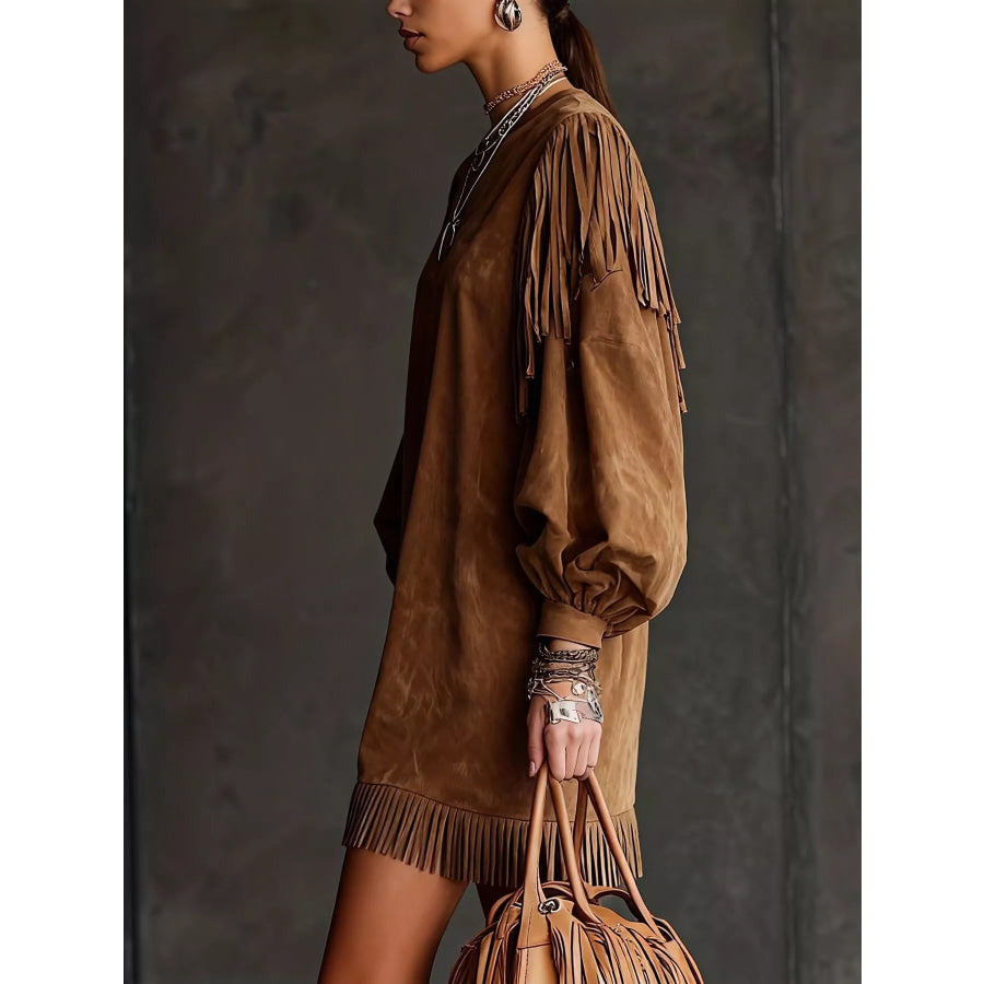 Fringe Detail Lantern Sleeve Mini Dress Apparel and Accessories