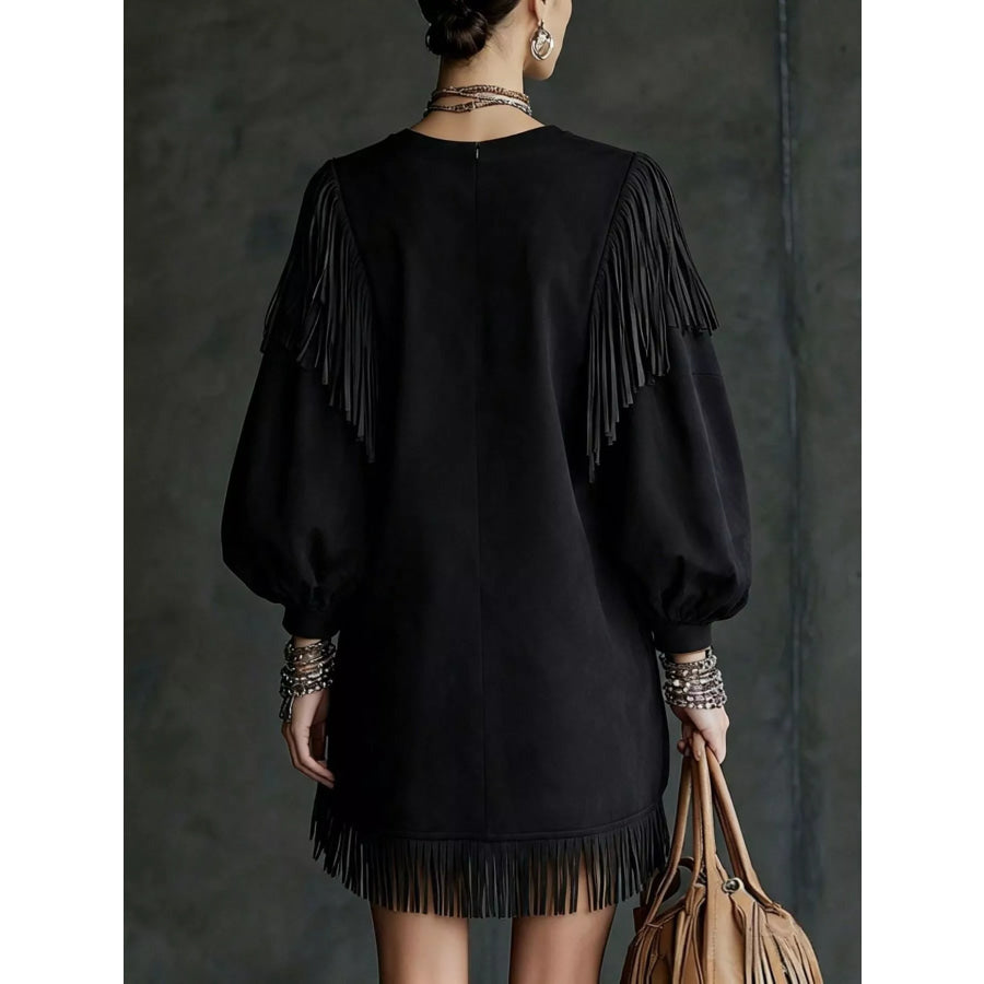 Fringe Detail Lantern Sleeve Mini Dress Apparel and Accessories