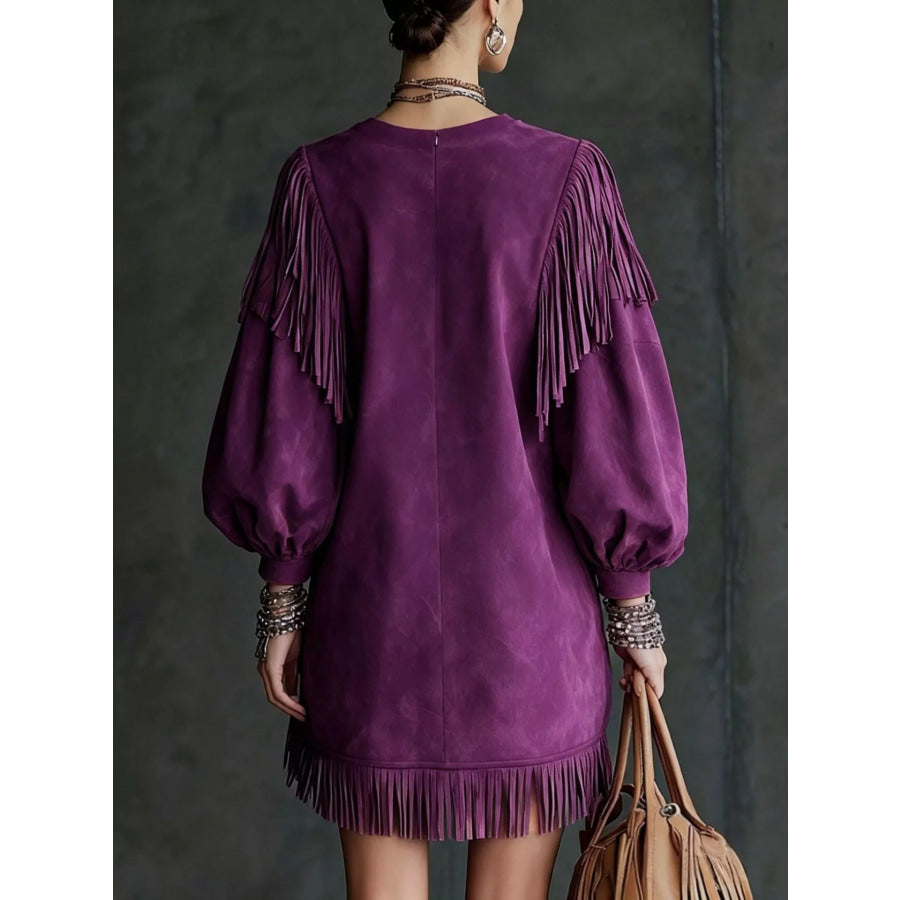 Fringe Detail Lantern Sleeve Mini Dress Apparel and Accessories