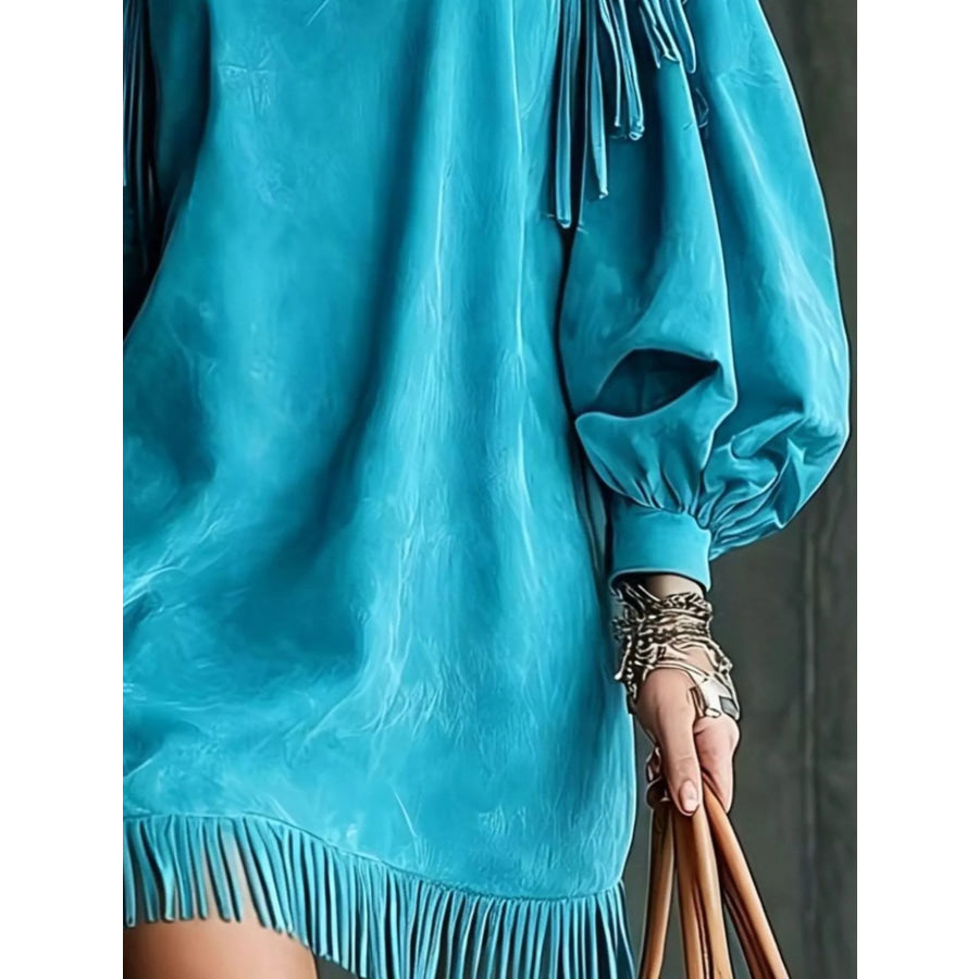 Fringe Detail Lantern Sleeve Mini Dress Apparel and Accessories