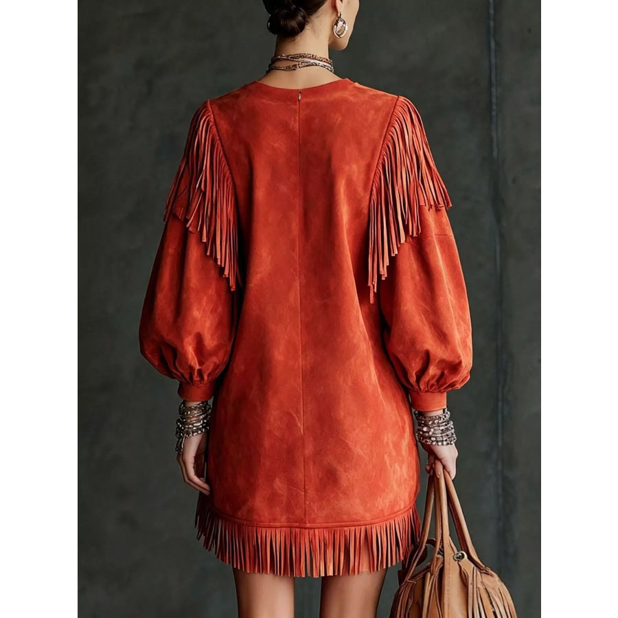 Fringe Detail Lantern Sleeve Mini Dress Apparel and Accessories