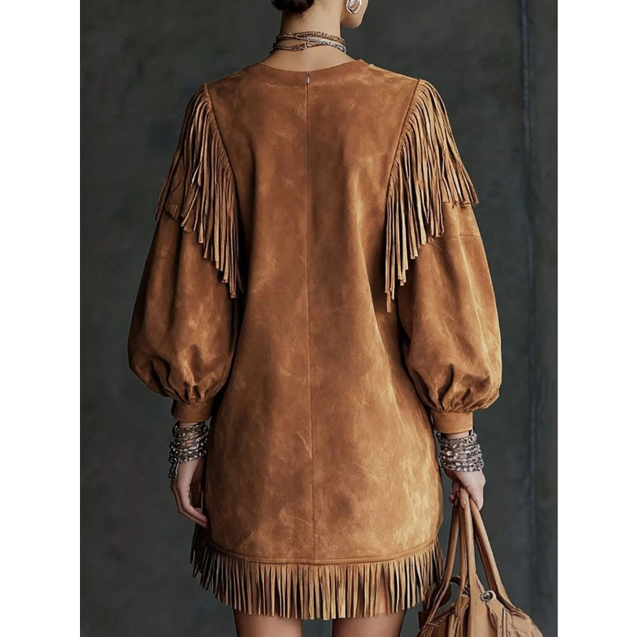 Fringe Detail Lantern Sleeve Mini Dress Apparel and Accessories