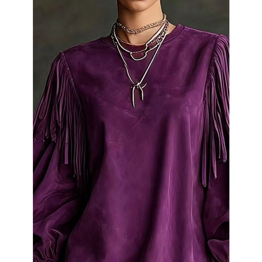 Fringe Detail Lantern Sleeve Mini Dress Apparel and Accessories