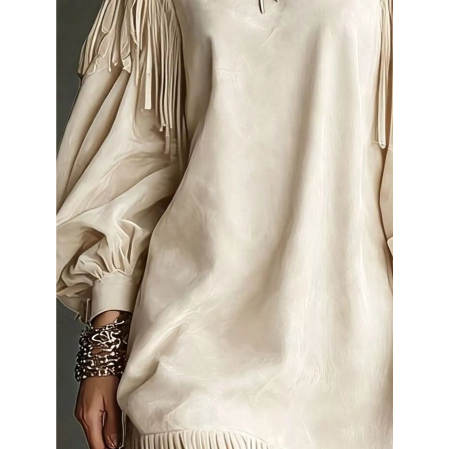 Fringe Detail Lantern Sleeve Mini Dress Apparel and Accessories
