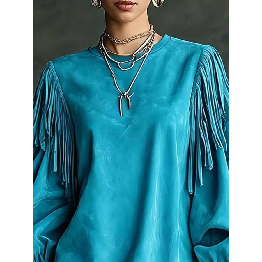 Fringe Detail Lantern Sleeve Mini Dress Apparel and Accessories
