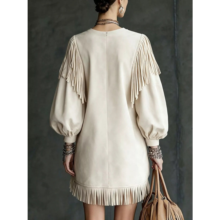 Fringe Detail Lantern Sleeve Mini Dress Apparel and Accessories