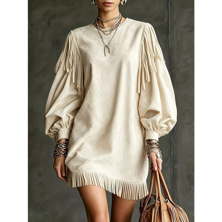 Fringe Detail Lantern Sleeve Mini Dress Beige / S Apparel and Accessories