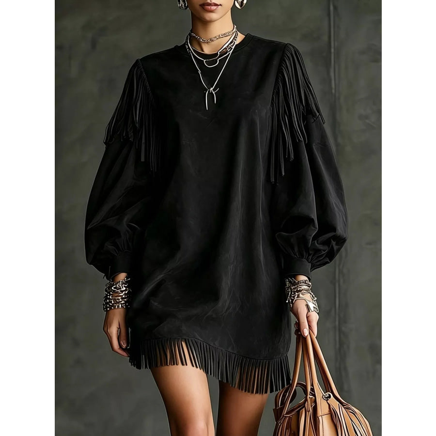 Fringe Detail Lantern Sleeve Mini Dress Black / S Apparel and Accessories