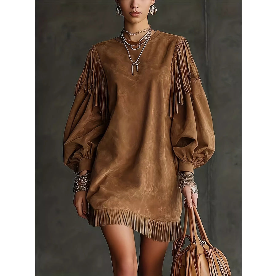 Fringe Detail Lantern Sleeve Mini Dress Brown / S Apparel and Accessories