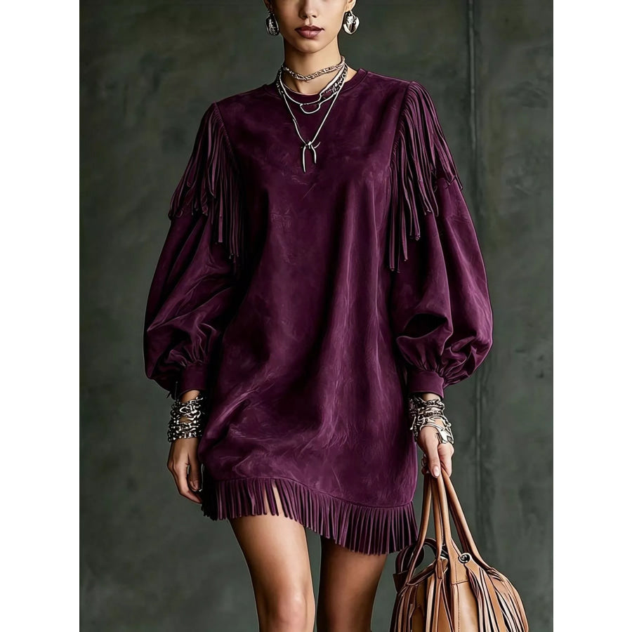 Fringe Detail Lantern Sleeve Mini Dress Deep Purple / S Apparel and Accessories